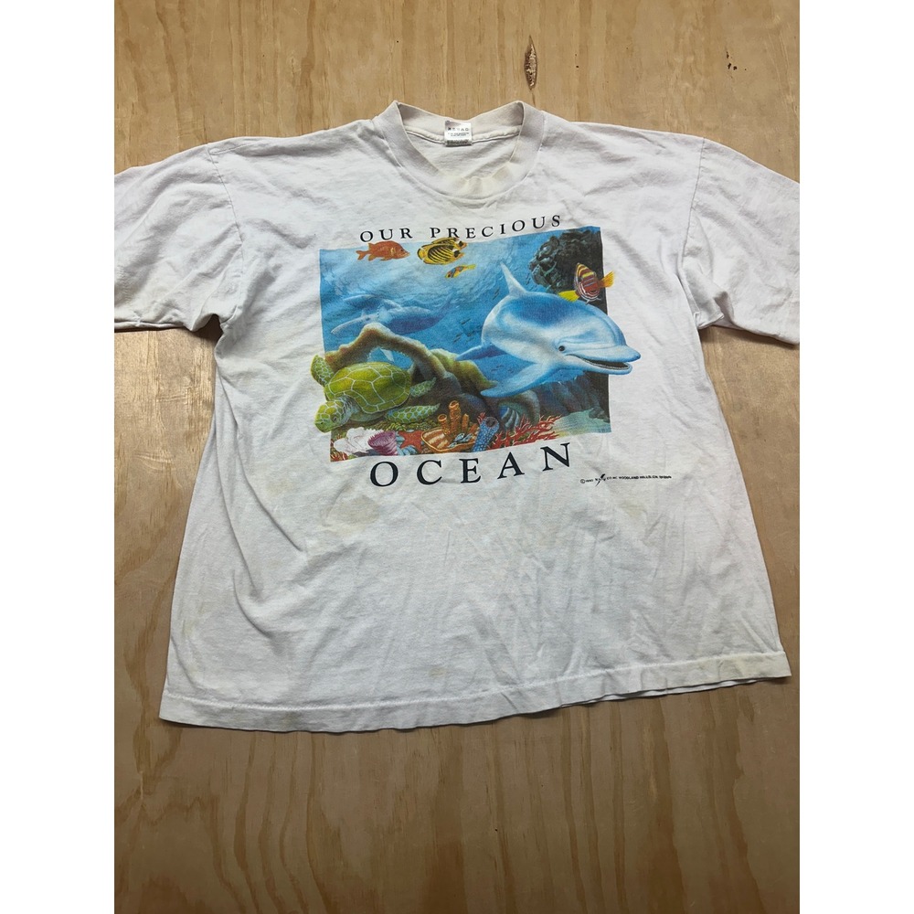 Vintage 1992 Fruit of the Loom Our Precious Ocean T-Shirt XL White Sea Life USA